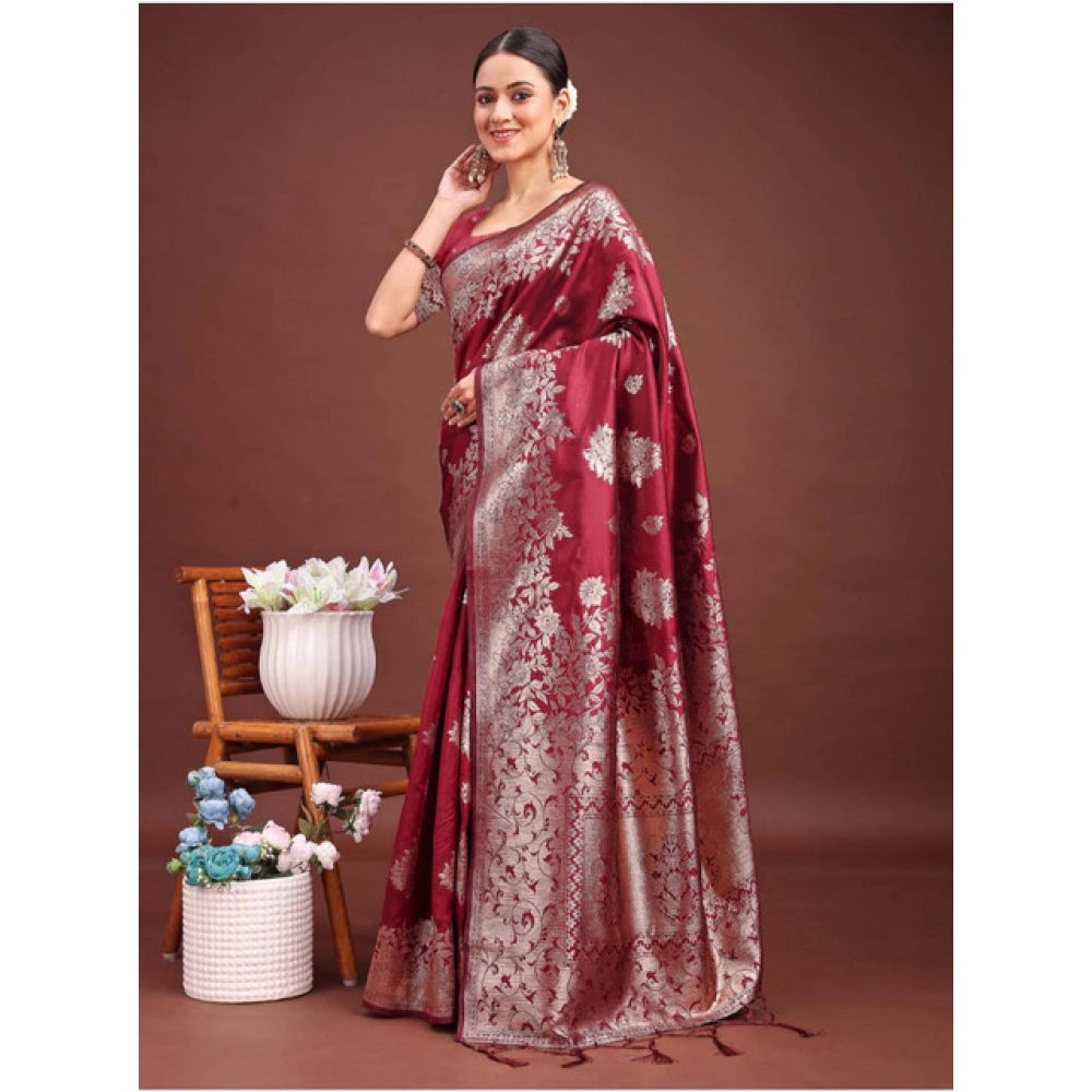 Women's Banarasi Silk Printed Saree With Unstitched Blouse 5.5 Mtr (Maroon)