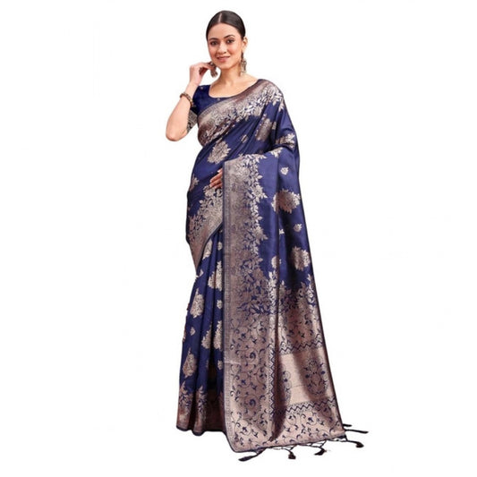 Women's Banarasi Silk Printed Saree With Unstitched Blouse 5.5m (Navy Blue)