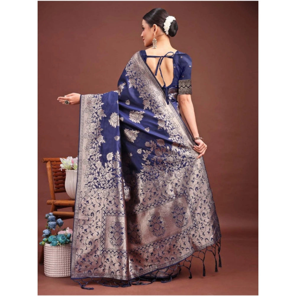 Women's Banarasi Silk Printed Saree With Unstitched Blouse 5.5 Mtr (Navy Blue)