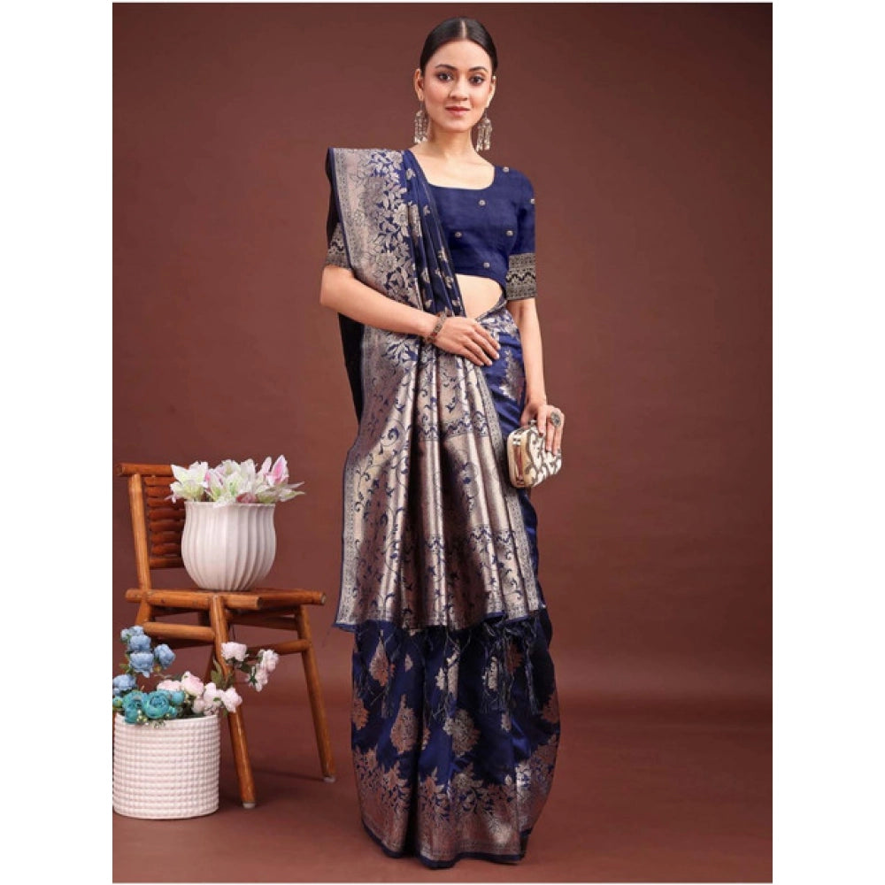Women's Banarasi Silk Printed Saree With Unstitched Blouse 5.5 Mtr (Navy Blue)