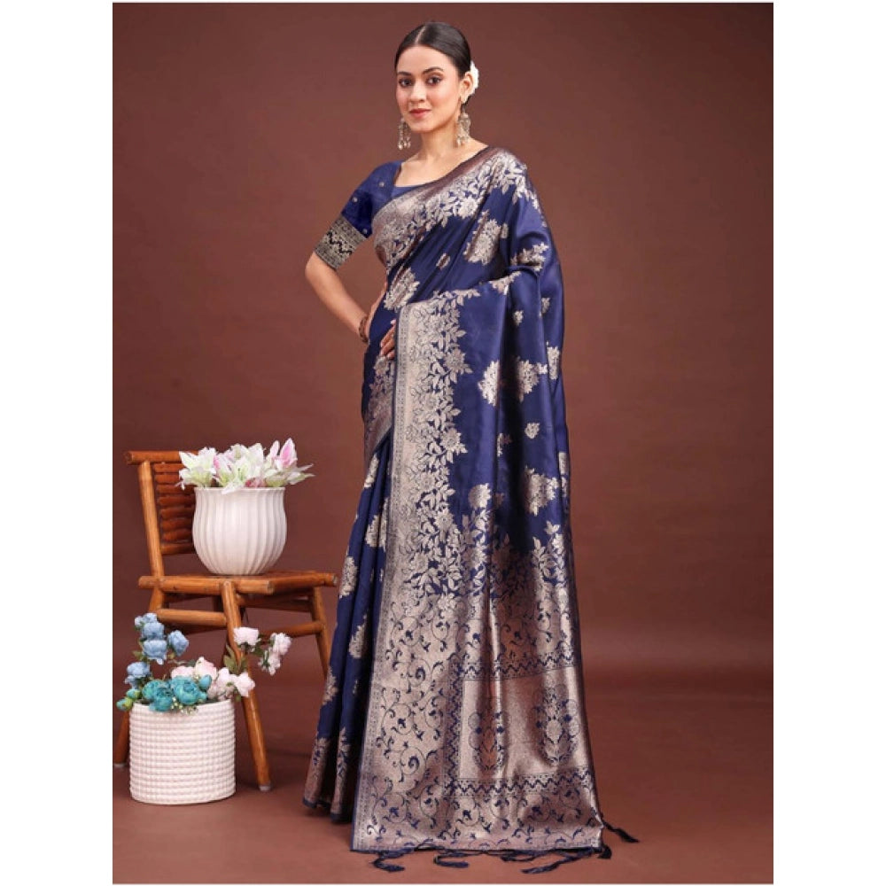 Women's Banarasi Silk Printed Saree With Unstitched Blouse 5.5 Mtr (Navy Blue)