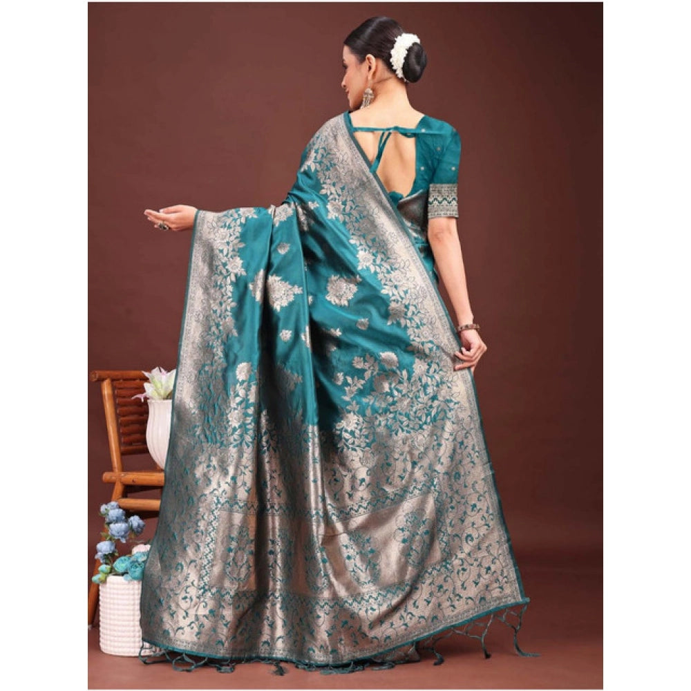 Women's Banarasi Silk Printed Saree With Unstitched Blouse 5.5 Mtr (Sea Green)