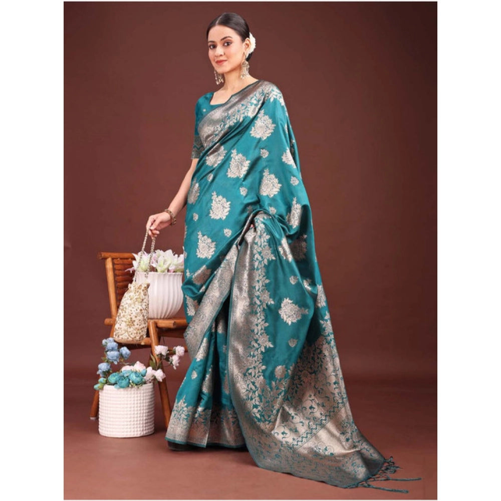 Women's Banarasi Silk Printed Saree With Unstitched Blouse 5.5 Mtr (Sea Green)