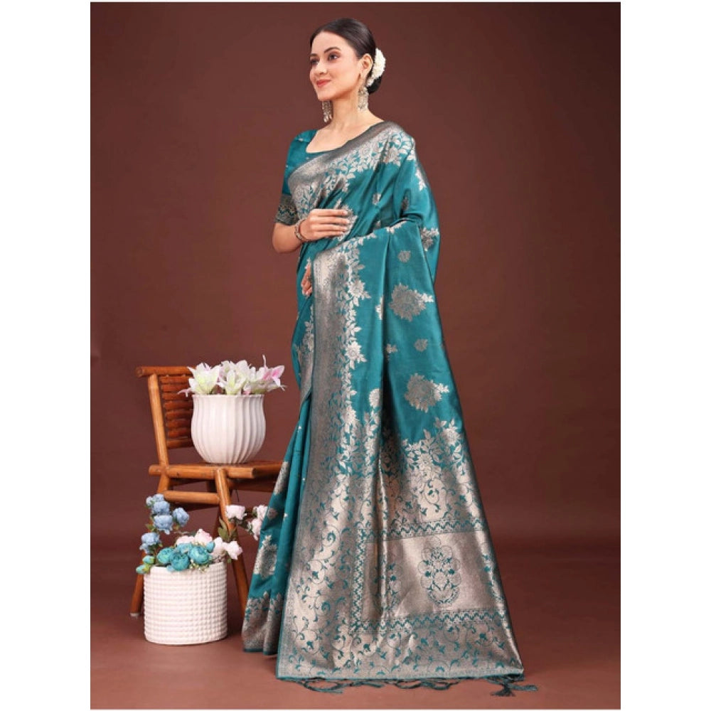 Women's Banarasi Silk Printed Saree With Unstitched Blouse 5.5 Mtr (Sea Green)