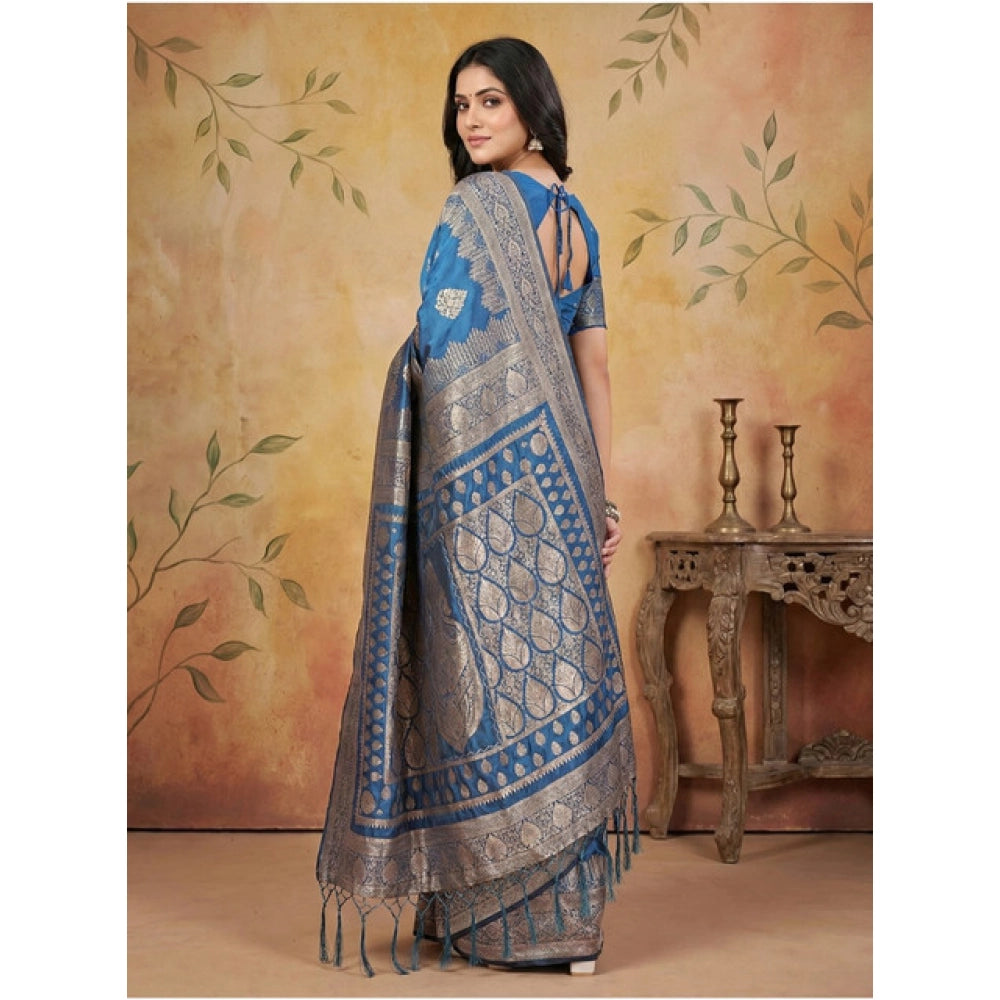 Women's Silk Blend Printed Saree With Unstitched Blouse 5.5 Mtr (Sky Blue)