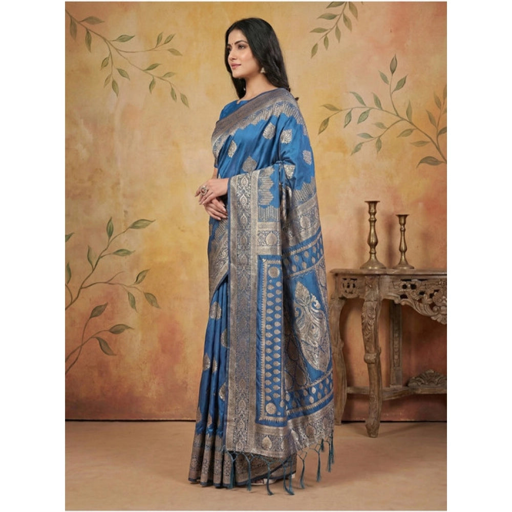 Women's Silk Blend Printed Saree With Unstitched Blouse 5.5 Mtr (Sky Blue)