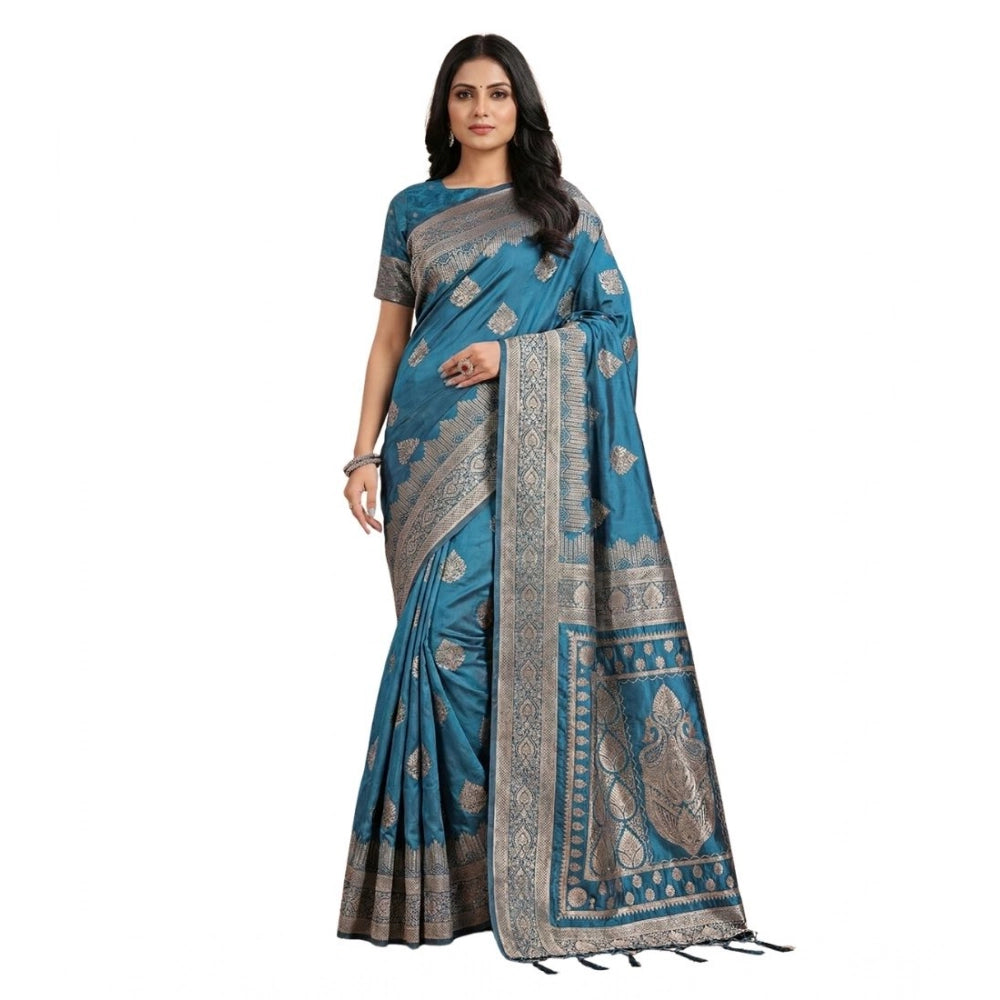 Women's Silk Blend Printed Saree With Unstitched Blouse 5.5 Mtr (Teal)