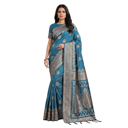 Women's Silk Blend Printed Saree With Unstitched Blouse 5.5m (Teal)
