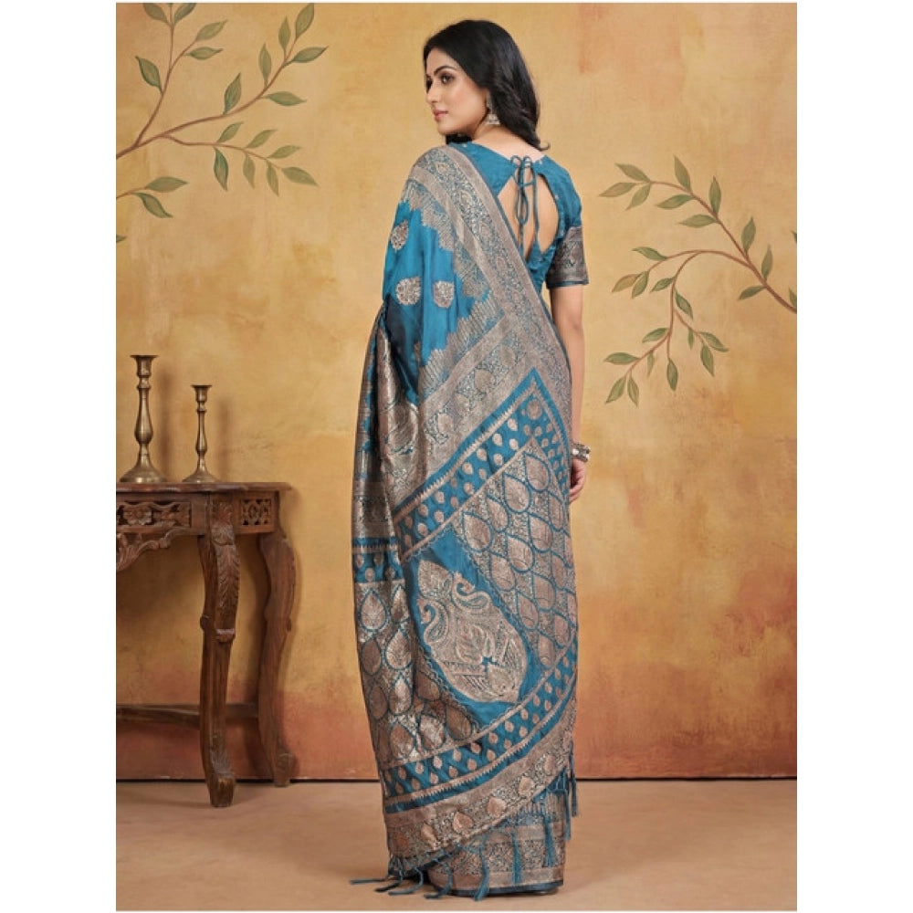 Women's Silk Blend Printed Saree With Unstitched Blouse 5.5 Mtr (Teal)
