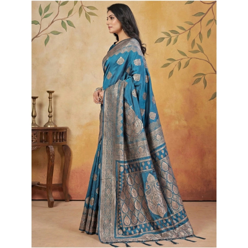 Women's Silk Blend Printed Saree With Unstitched Blouse 5.5 Mtr (Teal)
