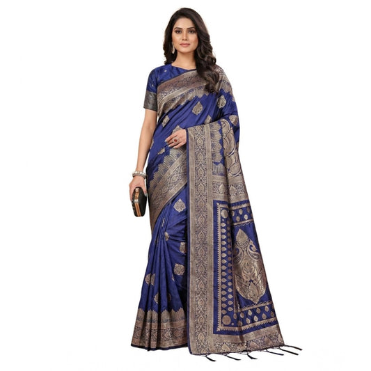 Women's Silk Blend Printed Saree With Unstitched Blouse 5.5m (Navy Blue)