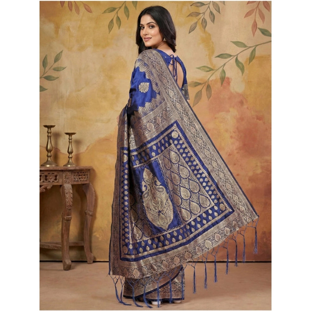 Women's Silk Blend Printed Saree With Unstitched Blouse 5.5 Mtr (Navy Blue)