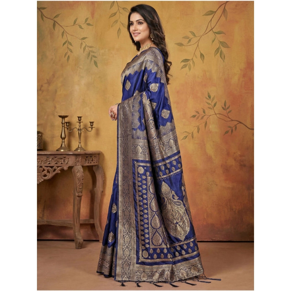 Women's Silk Blend Printed Saree With Unstitched Blouse 5.5 Mtr (Navy Blue)