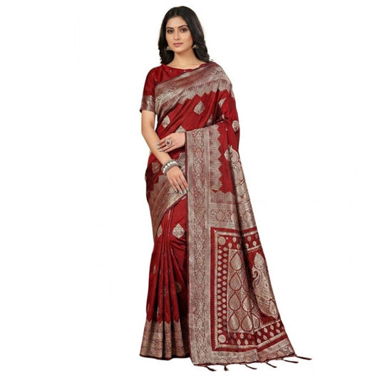 Women's Silk Blend Printed Saree With Unstitched Blouse 5.5m (Maroon)