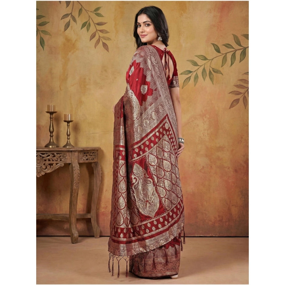 Women's Silk Blend Printed Saree With Unstitched Blouse 5.5 Mtr (Maroon)