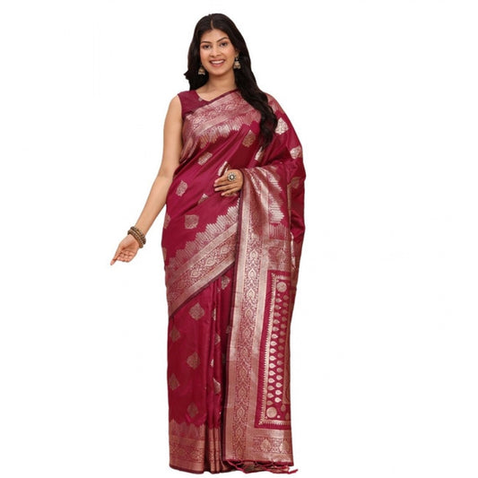 Women's Banarasi Silk Printed Saree With Unstitched Blouse 5.5m (Magenta)