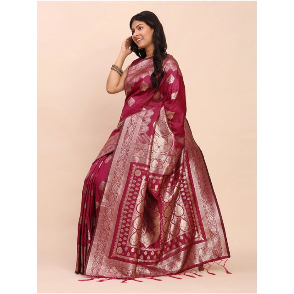 Women's Banarasi Silk Printed Saree With Unstitched Blouse 5.5 Mtr (Magenta)
