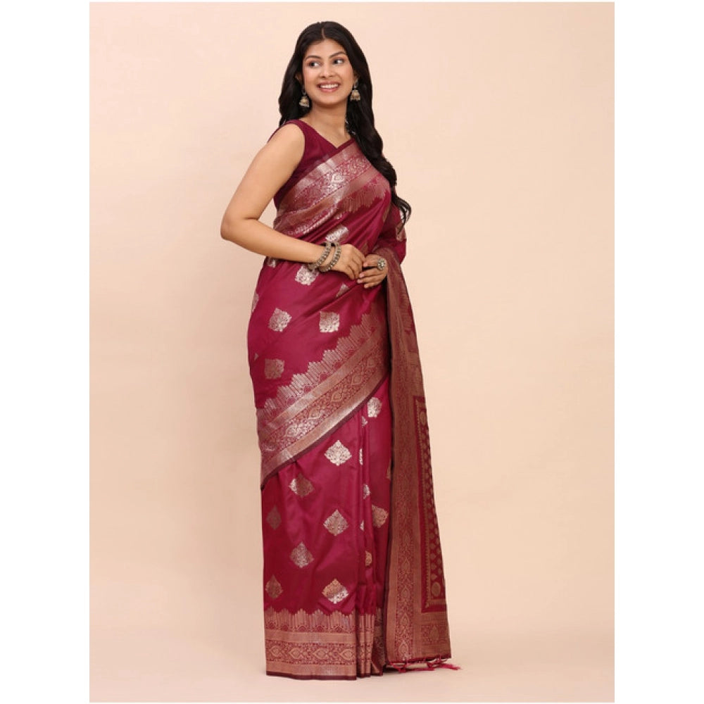 Women's Banarasi Silk Printed Saree With Unstitched Blouse 5.5 Mtr (Magenta)
