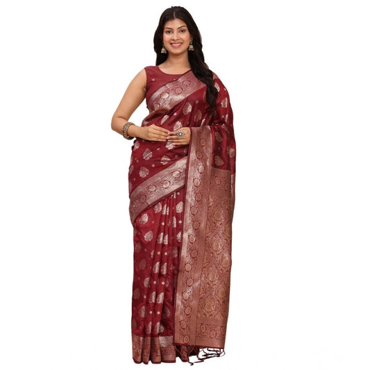 Women's Banarasi Silk Printed Saree With Unstitched Blouse 5.5m (Maroon)