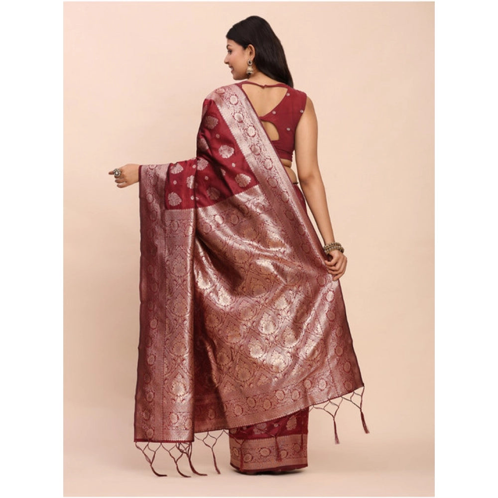 Women's Banarasi Silk Printed Saree With Unstitched Blouse 5.5 Mtr (Maroon)