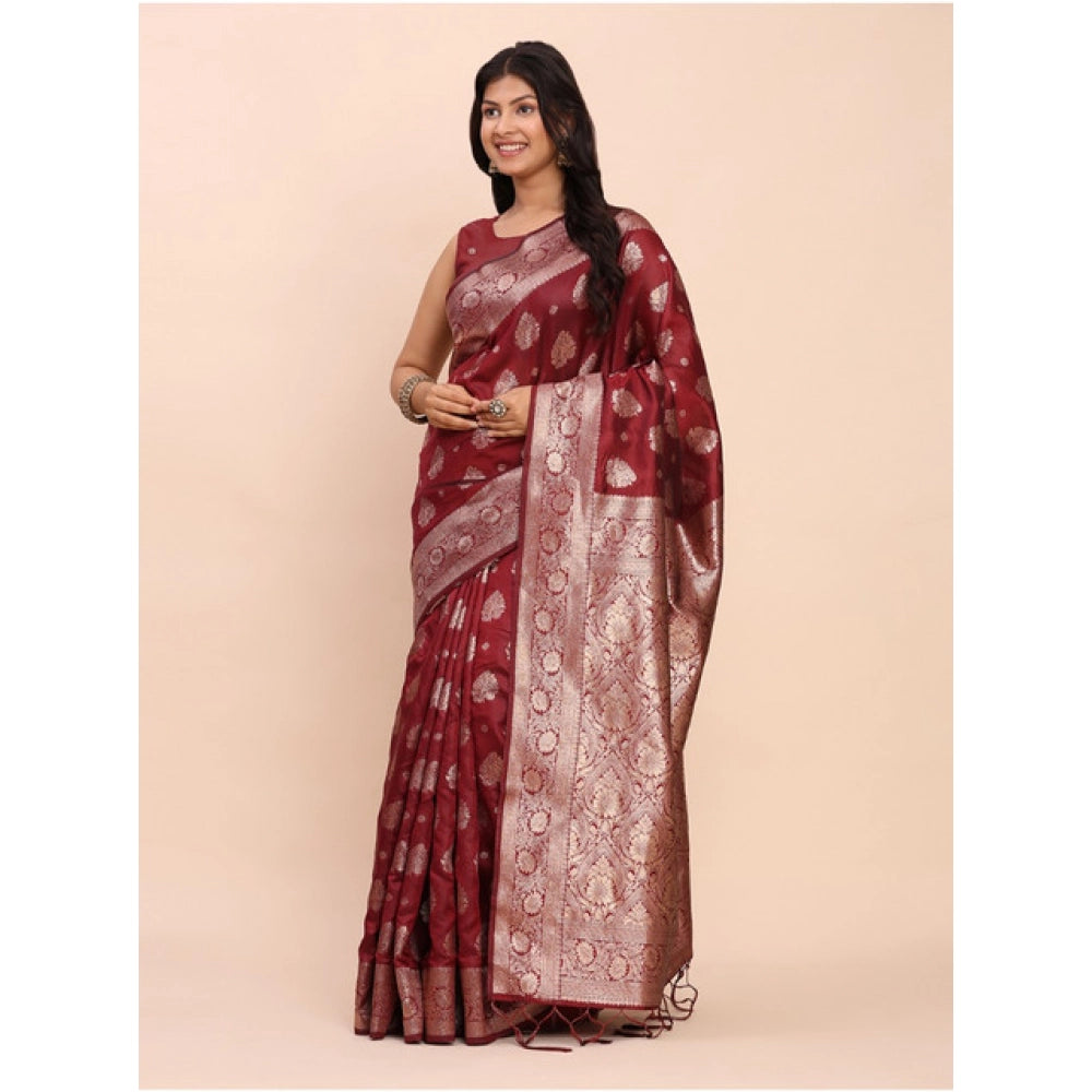 Women's Banarasi Silk Printed Saree With Unstitched Blouse 5.5 Mtr (Maroon)