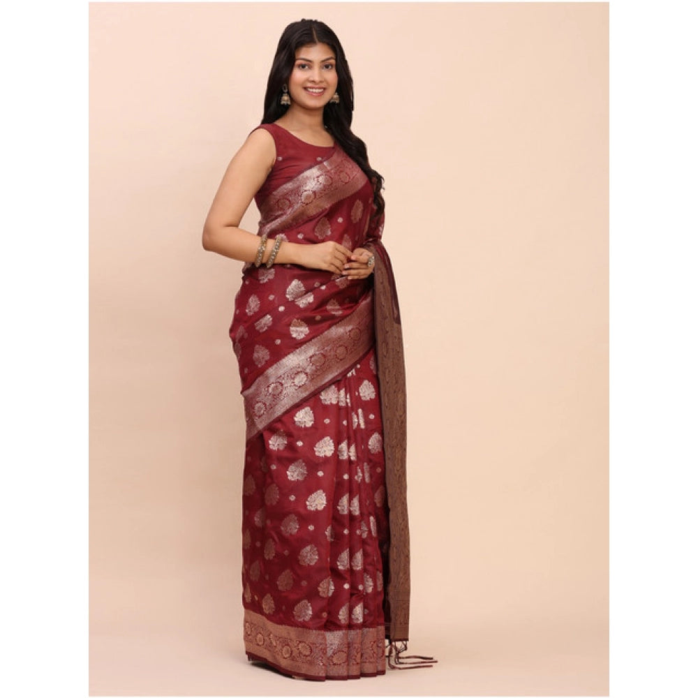 Women's Banarasi Silk Printed Saree With Unstitched Blouse 5.5 Mtr (Maroon)
