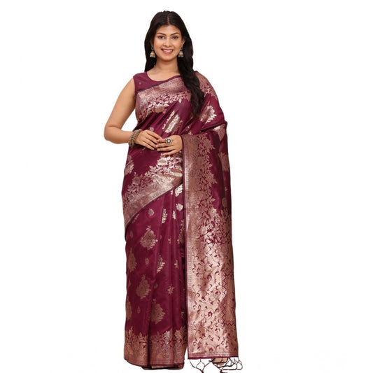 Women's Banarasi Silk Printed Saree With Unstitched Blouse 5.5m (Purple)