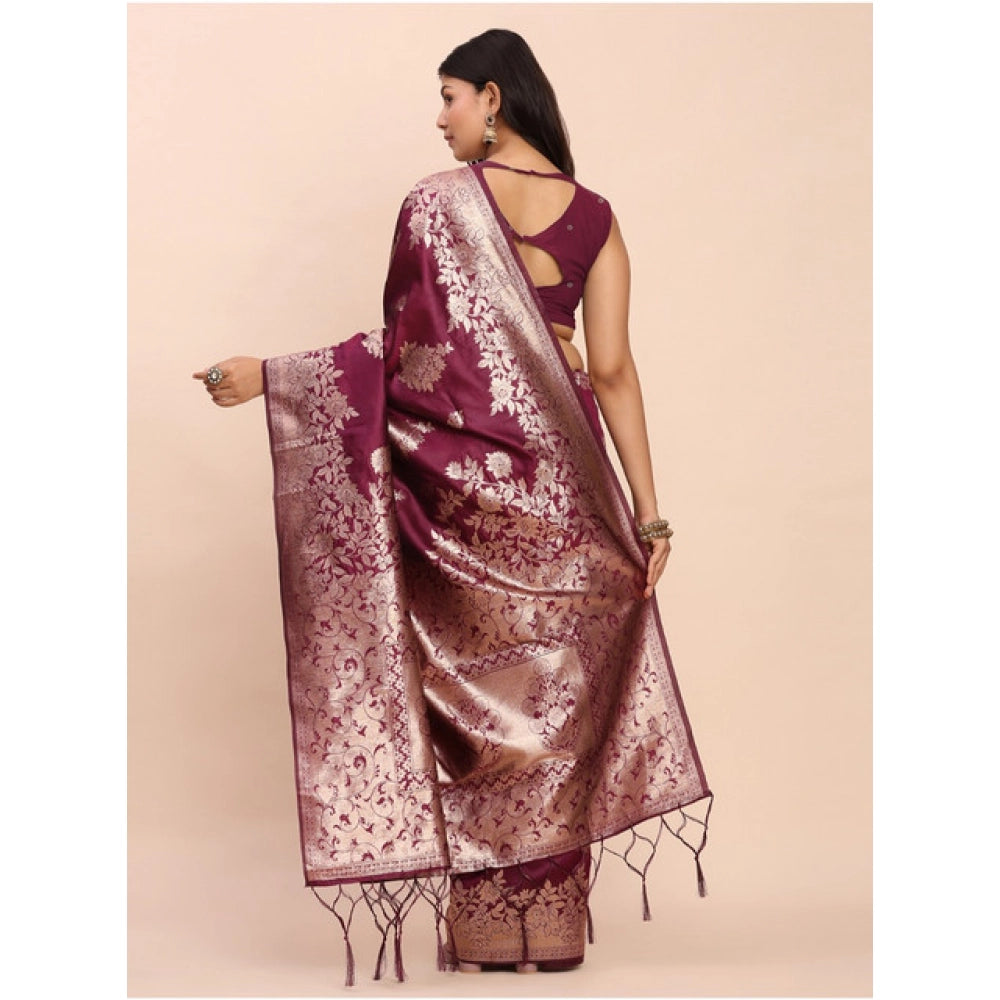 Women's Banarasi Silk Printed Saree With Unstitched Blouse 5.5 Mtr (Purple)