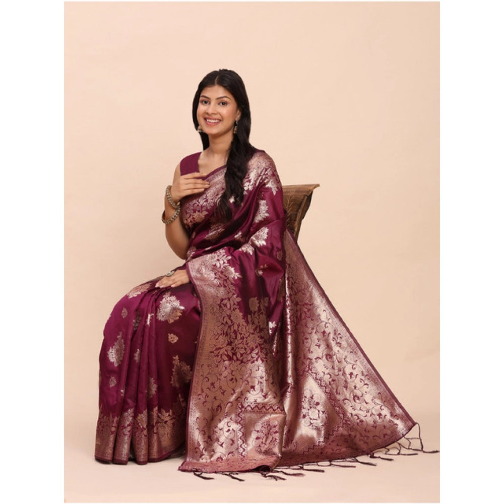 Women's Banarasi Silk Printed Saree With Unstitched Blouse 5.5 Mtr (Purple)