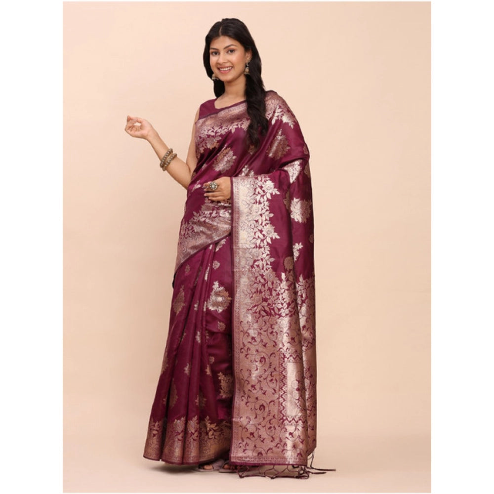 Women's Banarasi Silk Printed Saree With Unstitched Blouse 5.5 Mtr (Purple)