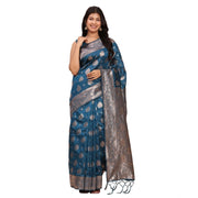 Women's Banarasi Silk Printed Saree With Unstitched Blouse 5.5 Mtr (Teal Blue)