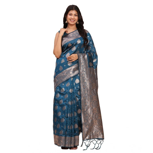 Women's Banarasi Silk Printed Saree With Unstitched Blouse 5.5m (Teal Blue)