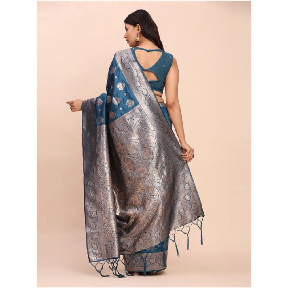 Women's Banarasi Silk Printed Saree With Unstitched Blouse 5.5 Mtr (Teal Blue)