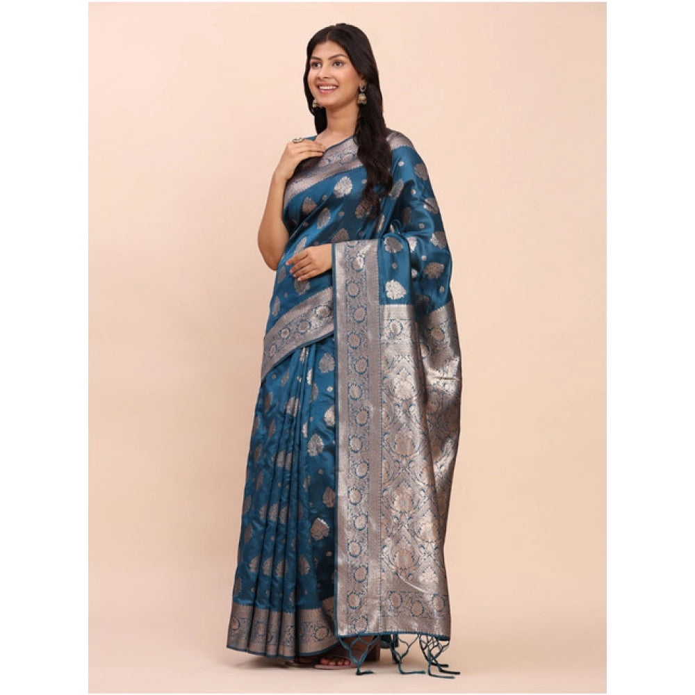Women's Banarasi Silk Printed Saree With Unstitched Blouse 5.5 Mtr (Teal Blue)