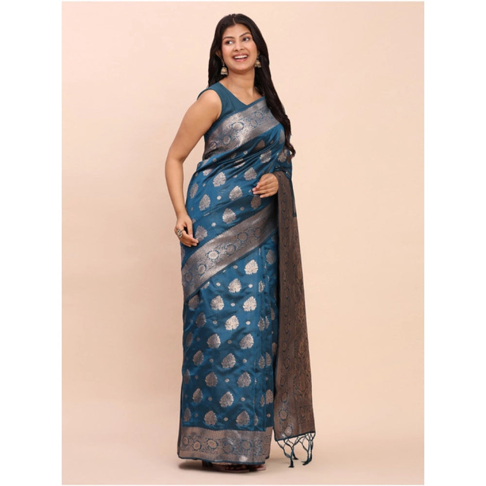 Women's Banarasi Silk Printed Saree With Unstitched Blouse 5.5 Mtr (Teal Blue)