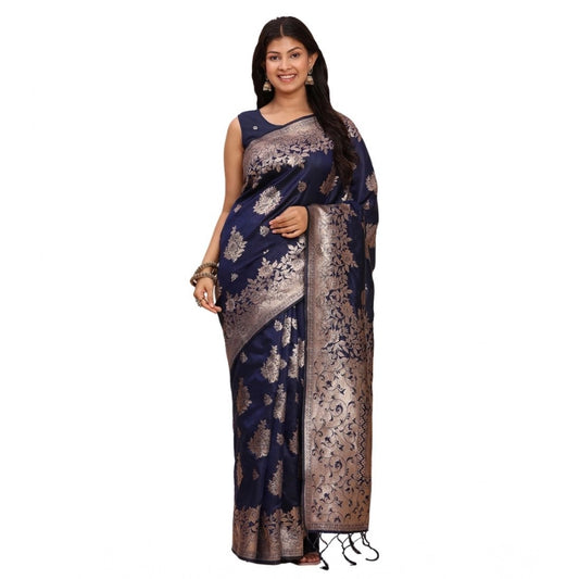 Women's Banarasi Silk Printed Saree With Unstitched Blouse 5.5m (Navy Blue)