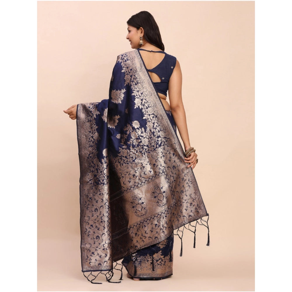 Women's Banarasi Silk Printed Saree With Unstitched Blouse 5.5 Mtr (Navy Blue)