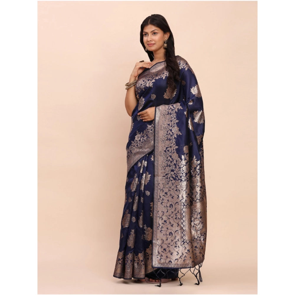 Women's Banarasi Silk Printed Saree With Unstitched Blouse 5.5 Mtr (Navy Blue)