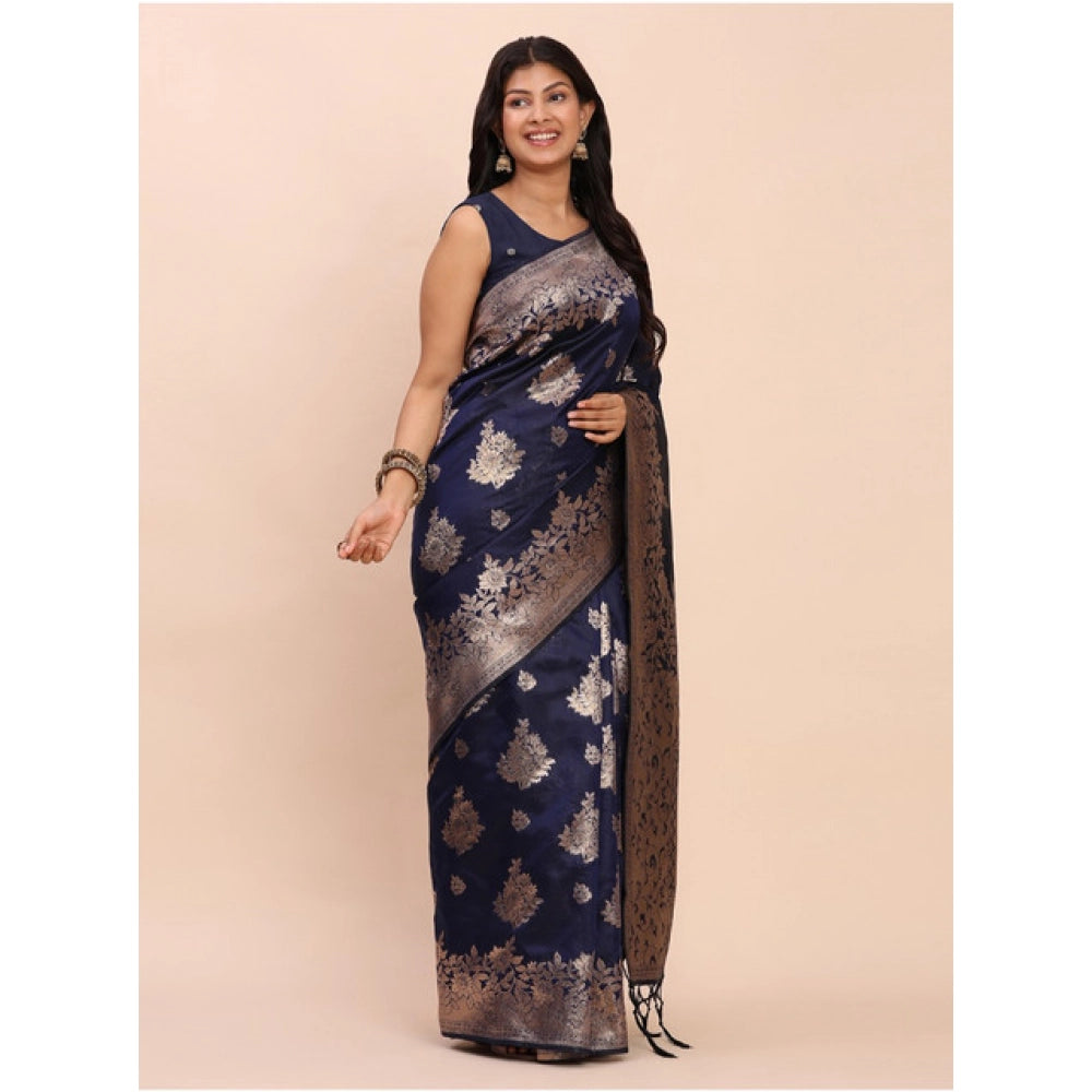 Women's Banarasi Silk Printed Saree With Unstitched Blouse 5.5 Mtr (Navy Blue)