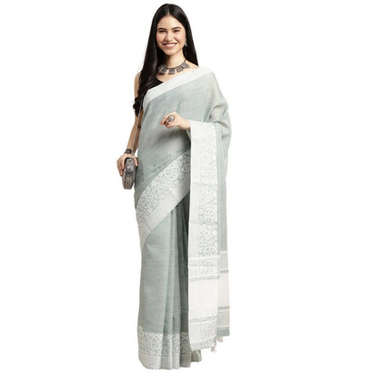 Women's Linen Printed Saree With Unstitched Blouse 5.5m (Sea Green)
