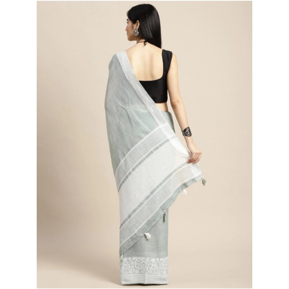 Women's Linen Printed Saree With Unstitched Blouse 5.5 Mtr (Sea Green)