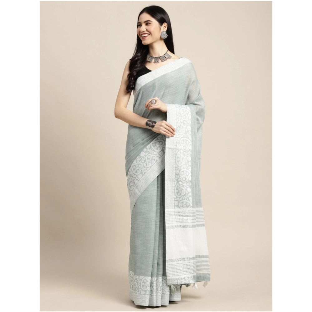 Women's Linen Printed Saree With Unstitched Blouse 5.5 Mtr (Sea Green)
