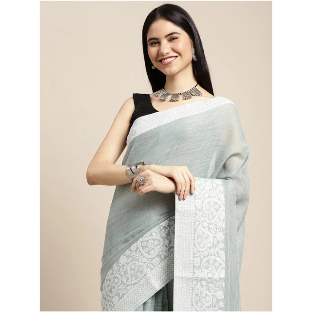 Women's Linen Printed Saree With Unstitched Blouse 5.5 Mtr (Sea Green)