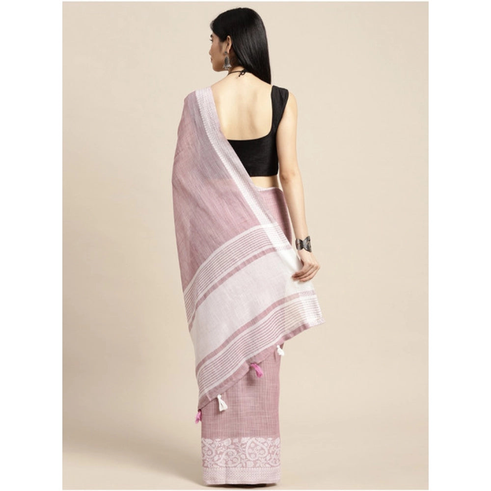Women's Linen Printed Saree With Unstitched Blouse 5.5 Mtr (Purple)