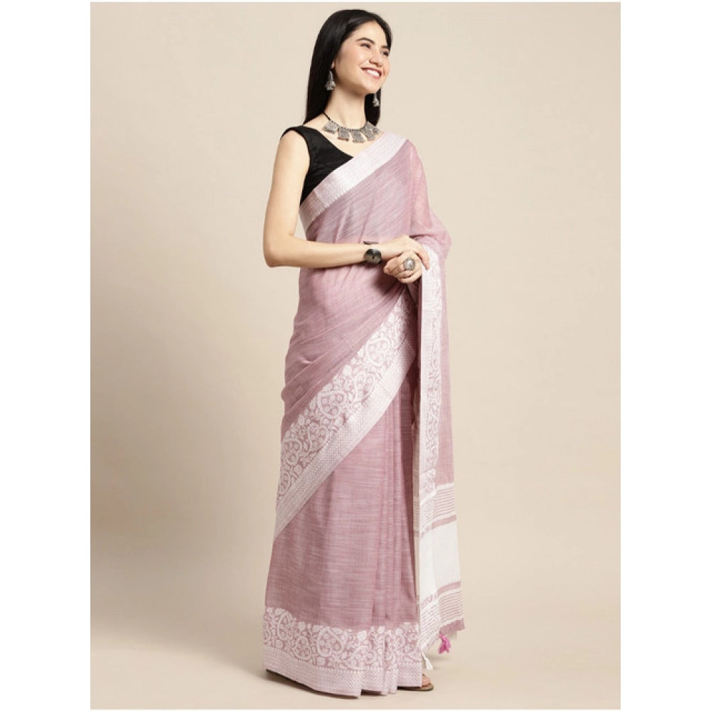Women's Linen Printed Saree With Unstitched Blouse 5.5 Mtr (Purple)