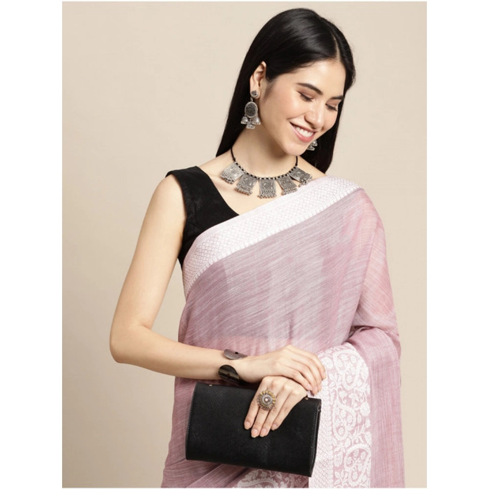 Women's Linen Printed Saree With Unstitched Blouse 5.5 Mtr (Purple)