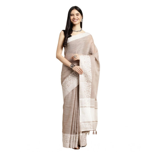 Women's Linen Printed Saree With Unstitched Blouse 5.5m (Beige)