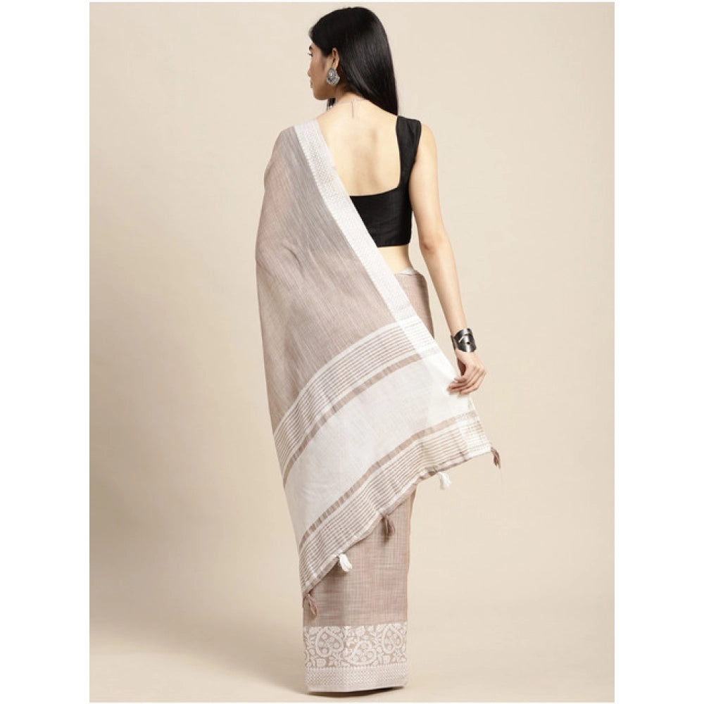 Women's Linen Printed Saree With Unstitched Blouse 5.5 Mtr (Beige)