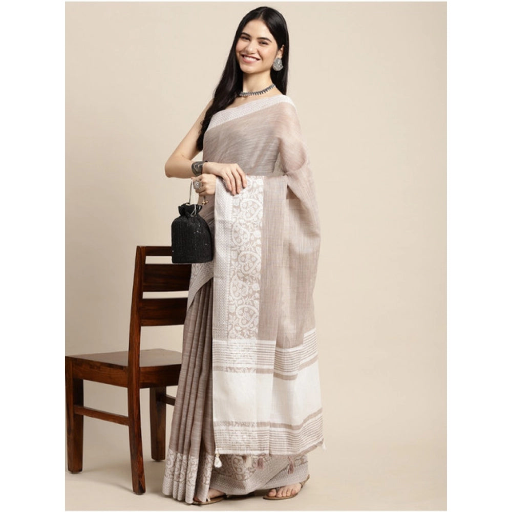 Women's Linen Printed Saree With Unstitched Blouse 5.5 Mtr (Beige)