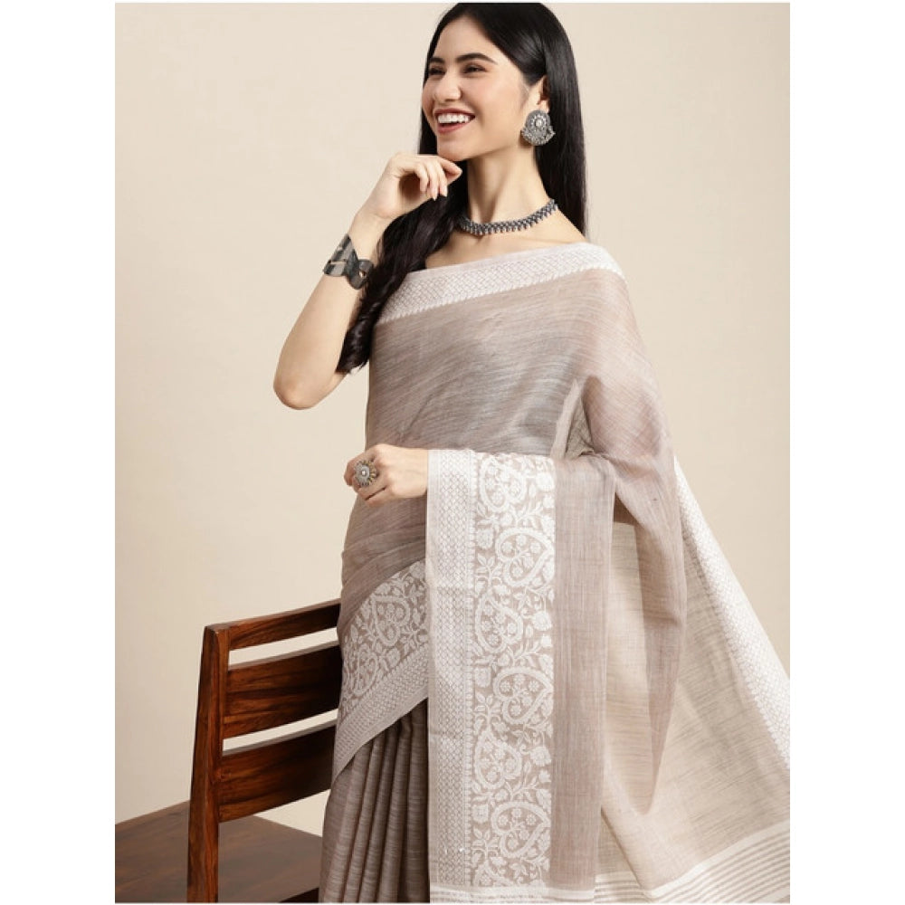 Women's Linen Printed Saree With Unstitched Blouse 5.5 Mtr (Beige)